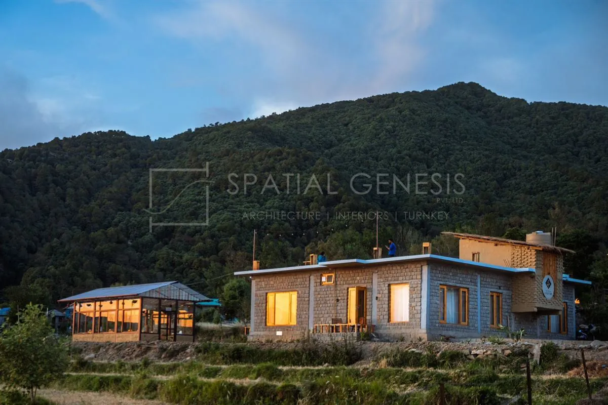 Boutique Airbnb stay design, Winter Courtyard, Bir Himachal Pradesh — Spatial Genesis hospitality project
